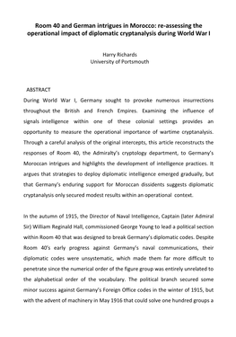 Room 40 and German Intrigues in Morocco: Re-Assessing the Operational Impact of Diplomatic Cryptanalysis During World War I