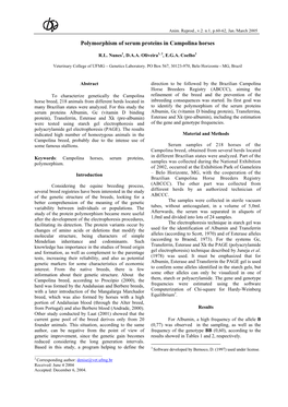 Polymorphism of Serum Proteins in Campolina Horses