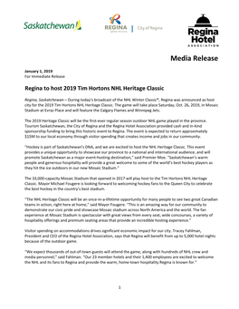 Regina to Host 2019 Tim Hortons NHL Heritage Classic
