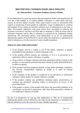 IDENTIFYING COMMON FOOD ADULTERANTS Dr