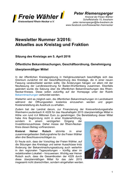 Newsletter Nummer 3/2016: Aktuelles Aus Kreistag Und Fraktion