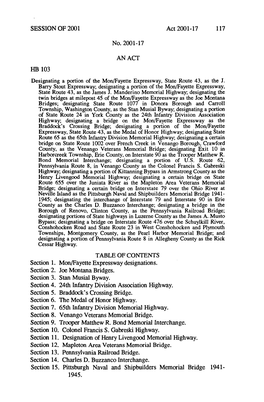 TABLE of CONTENTS Section 1. Mon/Fayette Expressway Designations. Section 2. Joe Montana Bridges. Section 3. Stan Musial Byway. Section 4