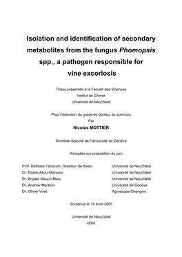 Isolation and Identification of Secondary Metabolites from the Fungus Phomopsis Spp., a Pathogen Responsible for Vine Excoriosis