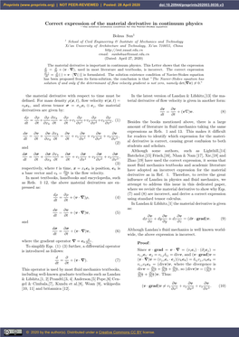 Correct Expression of the Material Derivative in Continuum Physics —The Solution Existence Condition for the Navier-Stokes Equation