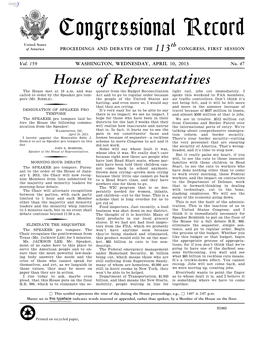 Congressional Record United States Th of America PROCEEDINGS and DEBATES of the 113 CONGRESS, FIRST SESSION