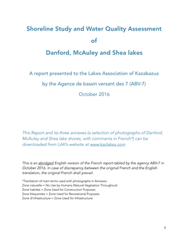 Shoreline Study and Water Quality Assessment of Danford, Mcauley and Shea Lakes