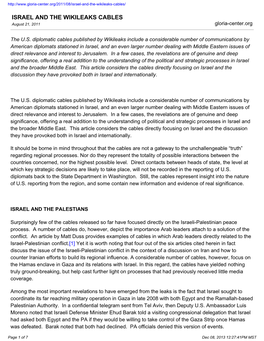 ISRAEL and the WIKILEAKS CABLES August 21, 2011 Gloria-Center.Org