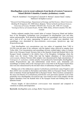 Dinoflagellate Cysts in Recent Sediments from Fjords of Western Vancouver Island (British Columbia, Canada): Preliminary Results Pieter R