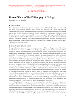 Recent Work in the Philosophy of Biology, Analysis