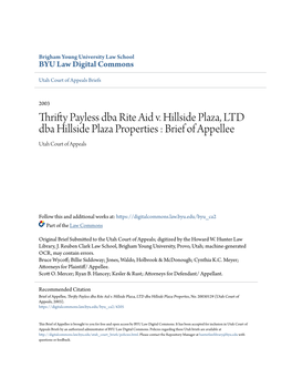 Thrifty Payless Dba Rite Aid V. Hillside Plaza, LTD Dba Hillside Plaza Properties : Brief of Appellee Utah Court of Appeals