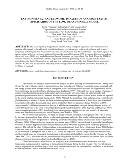 Environmental and Economic Impacts of a Carbon Tax: an Application of the Long Island Markal Model