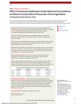 Effect of Sunscreen Application Under Maximal Use Conditions on Plasma Concentration of Sunscreen Active Ingredients a Randomized Clinical Trial