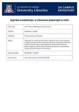 Algirdas Land.Sbergis« a Lithuanian Playwright In