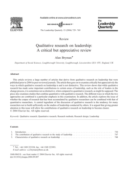 Qualitative Research on Leadership: a Critical but Appreciative Review