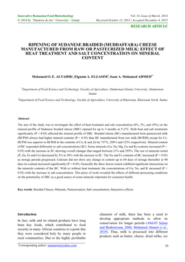 Ripening of Sudanese Braided (Muddaffara) Cheese Manufactured from Raw Or Pasteurized Milk: Effect of Heat Treatment and Salt Concentration on Mineral Content