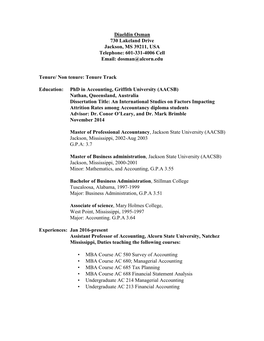 Diaeldin Osman 730 Lakeland Drive Jackson, MS 39211, USA Telephone: 601-331-4006 Cell Email: Dosman@Alcorn.Edu Tenure/ Non Tenu