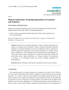 Dimeric Surfactants: Promising Ingredients of Cosmetics and Toiletries