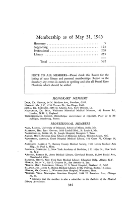 Membership As of May 31, 1945 Honorary