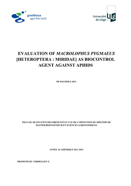 Evaluation of Macrolophus Pygmaeus [Heteroptera : Miridae] As Biocontrol Agent Against Aphids