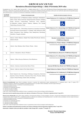OBWIESZCZENIE Burmistrza Brześcia Kujawskiego Z Dnia 19 Kwietnia 2019 Roku