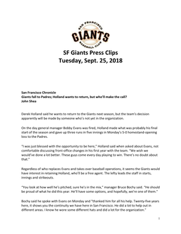 SF Giants Press Clips Tuesday, Sept. 25, 2018