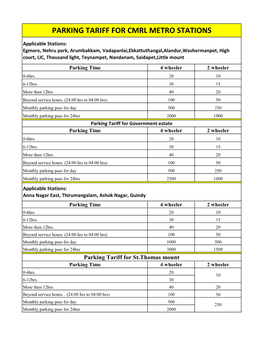 Parking Tariff for Cmrl Metro Stations