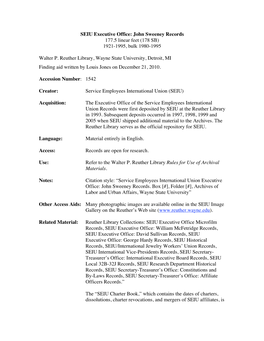 SEIU Executive Office: John Sweeney Records 177.5 Linear Feet (178 SB) 1921-1995, Bulk 1980-1995