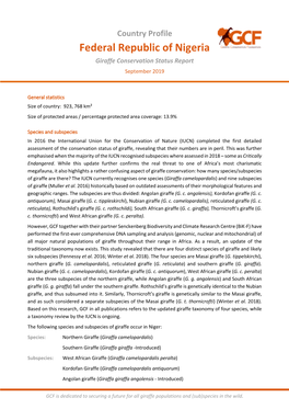 Federal Republic of Nigeria Giraffe Conservation Status Report September 2019