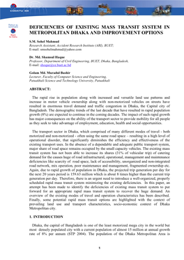 Deficiencies of Existing Mass Transit System in Metropolitan