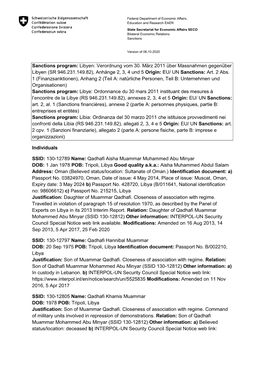 Sanctions Program: Libyen: Verordnung Vom 30. März 2011 Über Massnahmen Gegenüber Libyen (SR 946.231.149.82), Anhänge 2, 3, 4 Und 5 Origin: EU/ UN Sanctions: Art