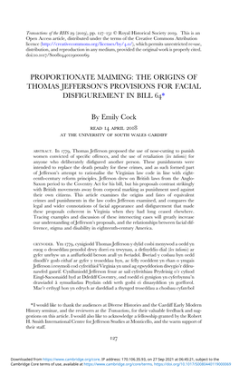 Proportionate Maiming: the Origins of Thomas Jefferson’S Provisions for Facial Disfigurement in Bill *