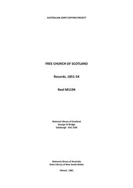 FREE CHURCH of SCOTLAND Records, 1851-54 Reel M1194