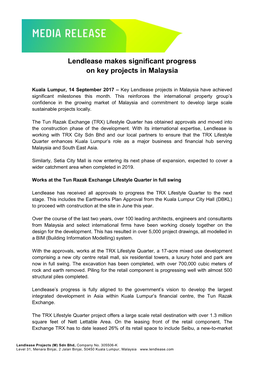 Lendlease Makes Significant Progress on Key Projects in Malaysia