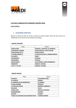 Listado Candidatos Premios Odeón 2020 (19/12/2019)