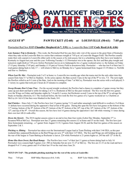 AUGUST 8Th PAWTUCKET (52-60) at LOUISVILLE (50-61) 7:05 Pm