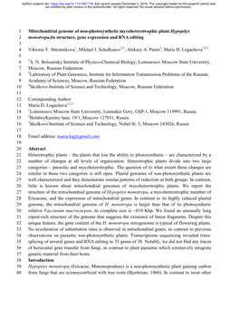 Mitochondrial Genome of Non-Photosynthetic Mycoheterotrophic Plant Hypopitys 1 Monotropa,Its Structure, Gene Expression And