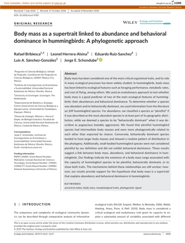 Body Mass As a Supertrait Linked to Abundance and Behavioral Dominance in Hummingbirds: a Phylogenetic Approach