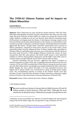 The 1958-62 Chinese Famine and Its Impact on Ethnic Minorities, EWJUS, Vol. 8, No. 1, 2021