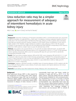 Urea Reduction Ratio May Be a Simpler Approach for Measurement of Adequacy of Intermittent Hemodialysis in Acute Kidney Injury Kelly V