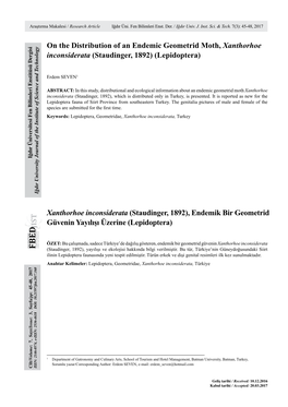 On the Distribution of an Endemic Geometrid Moth, Xanthorhoe Inconsiderata (Staudinger, 1892) (Lepidoptera)