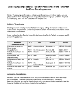 Versorgungsangebote Für Palliativ-Patientinnen Und Patienten Im Kreis Recklinghausen