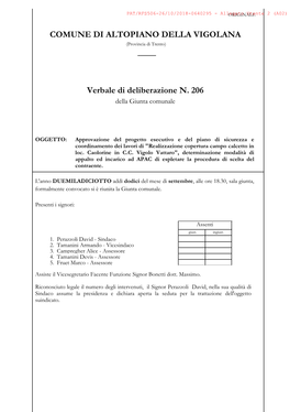 Verbale Di Deliberazione N. 206 COMUNE DI ALTOPIANO DELLA VIGOLANA