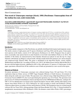 Short Communication First Record of Uranoscopus Crassiceps (Alcock, 1890) (Perciformes: Uranoscopidae) from Off the Arabian Sea Coast, South-Western India