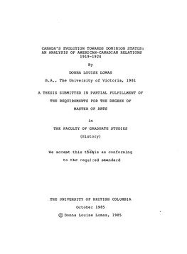 Canada's Evolution Towards Dominion Status: an Analysis of American-Canadian Relations 1919-1924