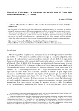 Dimenticare Il «Balkan». La Distruzione Del Narodni Dom Di Trieste Nelle Rielaborazioni Fasciste (1921-1941)1