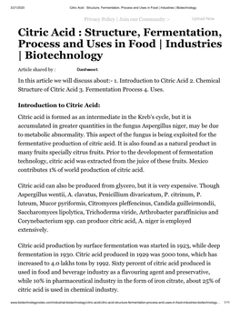 Citric Acid : Structure, Fermentation, Process and Uses in Food | Industries | Biotechnology