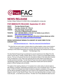 NEWS RELEASE Contact: Shawn Farley at 413-545-4159 Or Sfarley@Admin.Umass.Edu