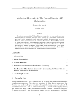 Intellectual Generosity & the Reward Structure of Mathematics