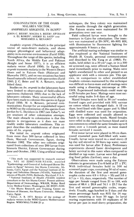 Colonization of the Oasis Malaria Vector, Anopheles Sergentii, in Egypt