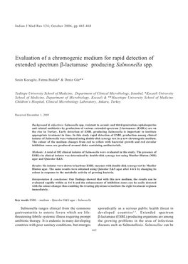 Evaluation of a Chromogenic Medium for Rapid Detection of Extended Spectrum B-Lactamase Producing Salmonella Spp